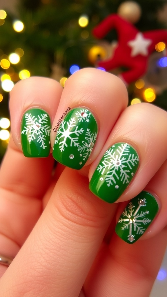 Festive Green Christmas Nail Art Festive green Christmas nail art with snowflakes and rhinestones on a holiday-themed background.